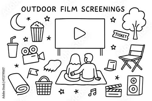Outdoor Movie Doodle. Hand-drawn doodle illustration Outdoor film screenings movie screen, projector, popcorn, soda cup, blanket, stars, moon, folding chair,