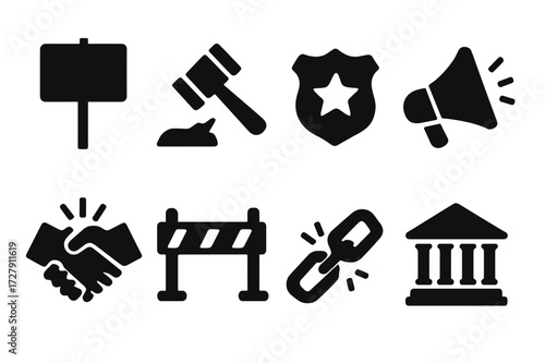 Political Crisis Icons. Solid, filled icon set of political crisis: protest sign, broken gavel, police badge, megaphone, handshake with conflict, barrier,