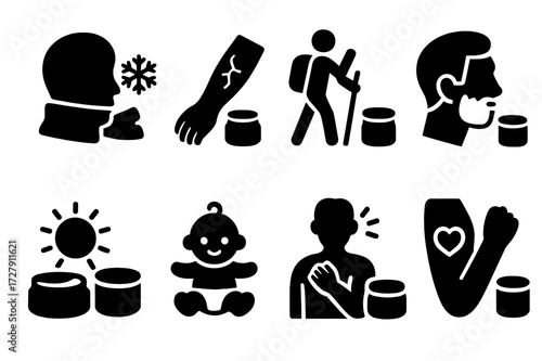 Balm Usage Icons. Solid, filled icon set of solid balm usage scenarios: cold weather, dry skin, outdoor activities, post-shaving, daily care, baby care, muscle