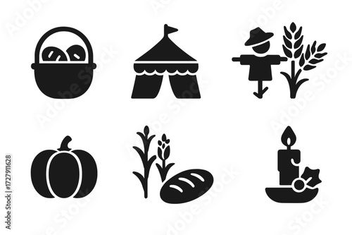 Harvest Festival Icons. Solid, filled icon set of bread in harvest festivals: harvest basket, festival tent, scarecrow, wheat sheaf, pumpkin, corn stalks,