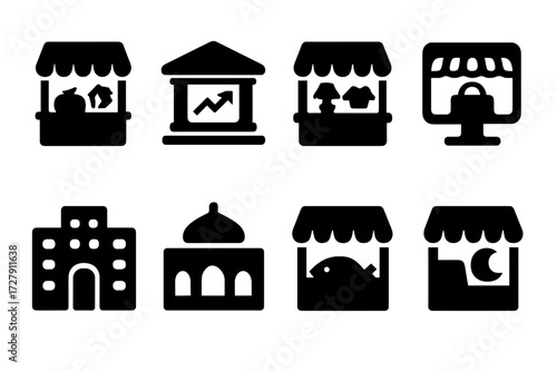 Market Icon Set. Solid, filled icon set of market types: farmers market, stock market, flea market, online marketplace, shopping mall, bazaar, fish market,