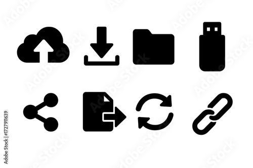 Data Sharing Icons. Solid, filled icon set of file and data sharing: cloud upload, download arrow, folder, USB drive, network nodes, file transfer, sync, share