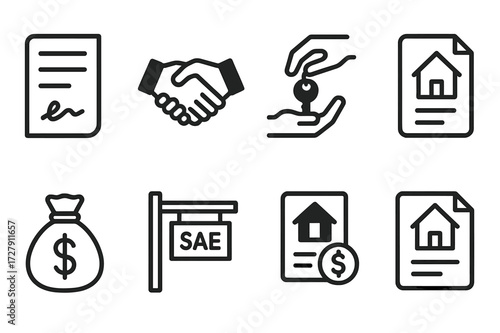 Real Estate Icon Set. Solid, filled icon set of real estate transactions: contract, handshake, key exchange, property deed, money bag, sale sign, escrow,