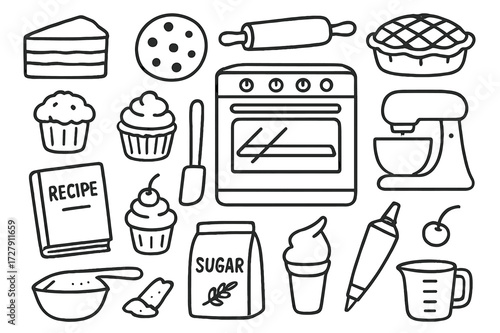 Homemade Dessert Doodles. Hand-drawn doodle illustration Homemade dessert baking [cake slice, cookie, pie, muffin, rolling pin, oven, mixer, recipe book,