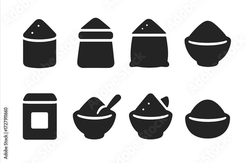 Baking Powder Icon Set. Solid, filled icon set of powder in cooking and baking: baking powder, powdered sugar, cocoa powder, flour, cornstarch, spice powder,