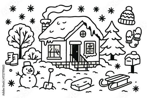 Winter Wonderland Doodle. Hand-drawn doodle illustration [home under snow] [snow-covered roof, chimney smoke, snowflakes, icicles, snowy tree, front porch,