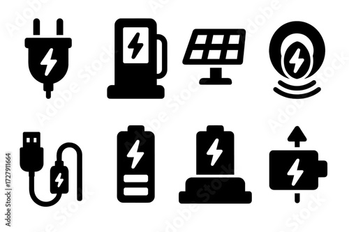 Power Charging Icons. Solid, filled icon set of power cell charging: charging plug, charging station, solar panel, wireless charger, charging cable, power