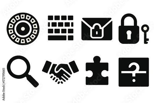 Secret Symbols Icons. Solid, filled icon set of secret messages and codes: cipher wheel, coded text, secret envelope, lock and key, magnifying glass, secret