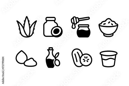 Dry Skin Remedies Icons. Solid, filled icon set of dry skin natural remedies: aloe vera, coconut oil, honey, oatmeal, shea butter, olive oil, cucumber, yogurt.
