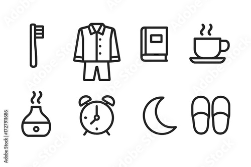 Sleep Routine Icons. Outline icon set of sleep routine: toothbrush, pajamas, book, hot tea, diffuser, alarm clock, moon, slippers. Line icons in only black