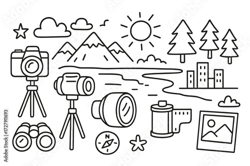 Panoramic Photography Icons. Hand-drawn doodle illustration panoramic photography camera, tripod, wide lens, mountain range, sun, clouds, trees, city skyline,