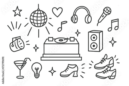Nightclub Doodle Icons. Hand-drawn doodle illustration Nightclub dance lights [laser beam, disco ball, DJ booth, headphones, microphone, star, heart, music