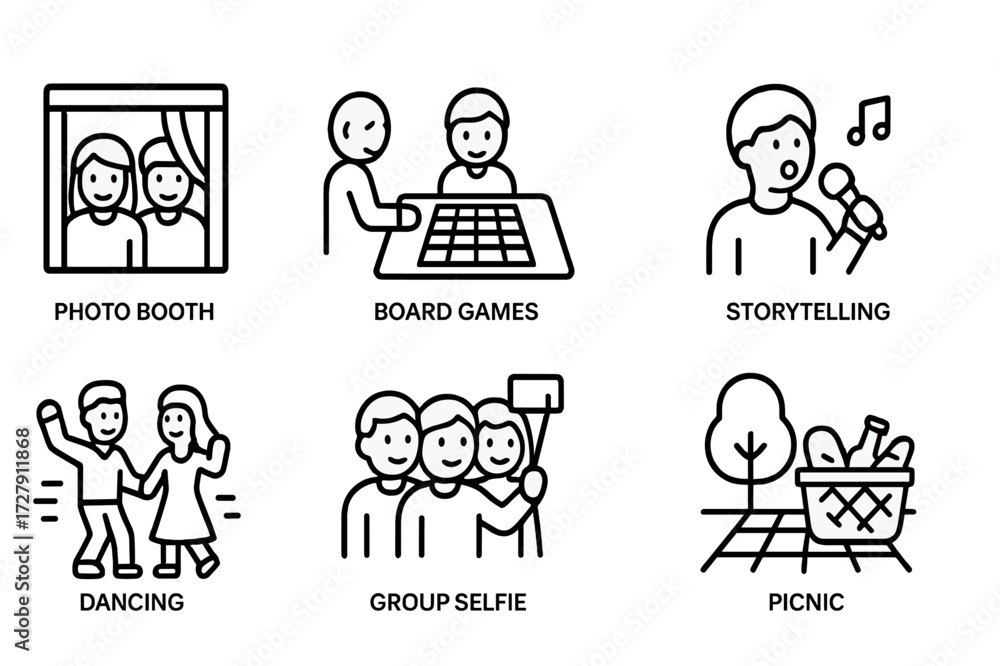 Fototapeta premium Reunion Activity Icons. Outline icon set of reunion activities: photo booth, board games, storytelling, karaoke, dancing, group selfie, toast, picnic. Line