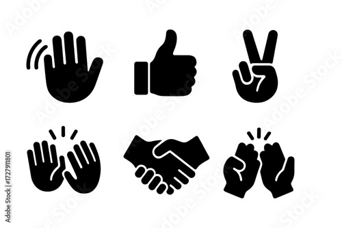 Gesture Icon Set. Solid, filled icon set of accent gestures: hand wave, thumbs up, peace sign, pointing finger, applause, handshake, fist bump, high five.