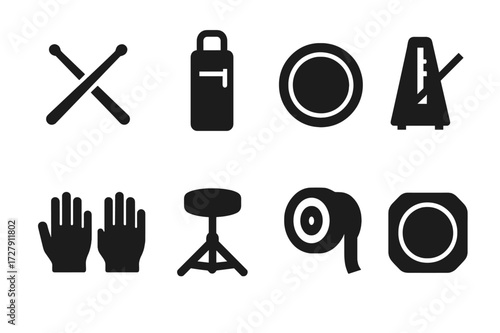 Stick Tricks Accessories Icons. Solid, filled icon set of stick tricks accessories: drumsticks, stick bag, drum pad, metronome, gloves, stick tape, drum