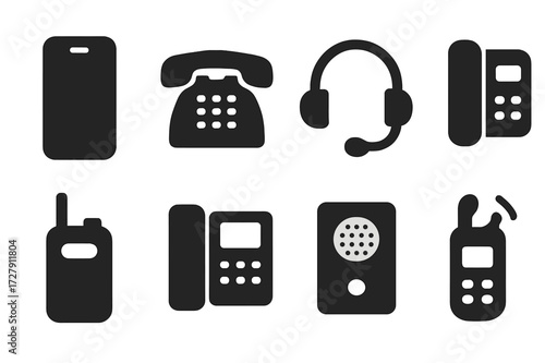 Call Device Icons. Solid, filled icon set of call devices: smartphone, landline phone, headset, VoIP phone, walkie-talkie, call center phone, intercom,
