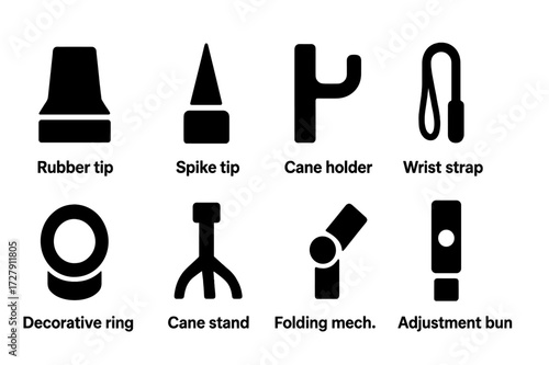 Cane Accessories Icons. Solid, filled icon set of cane accessories: rubber tip, spike tip, cane holder, wrist strap, decorative ring, cane stand, folding