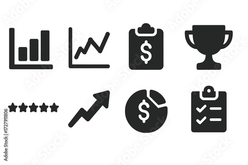 Performance Icon Set. Solid, filled icon set of portfolio performance: bar chart, line graph, scorecard, trophy, star rating, growth arrow, profit margin,