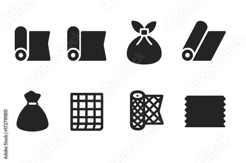 Wrap Materials Icons. Solid, filled icon set of wrap materials: paper wrap, plastic wrap, fabric wrap, foil wrap, cellophane wrap, mesh wrap, net wrap, wax