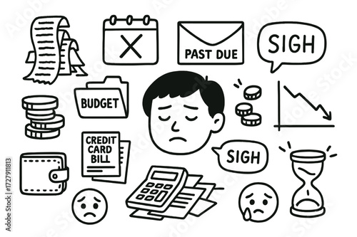 Finance Struggles Doodle. Hand-drawn doodle illustration personal finance struggles tired face, receipt mountain, budget folder, calendar with X, past due