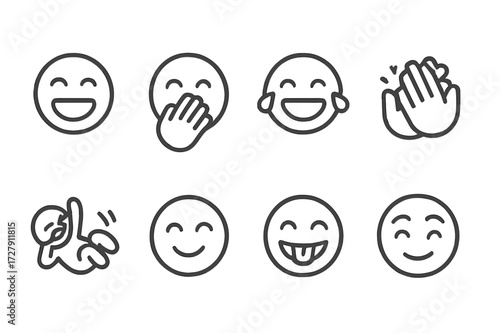 Laughter Icons Set. Outline icon set of laughter gestures: open mouth, hand covering mouth, tears of joy, clapping hands, rolling on floor, smiling eyes,