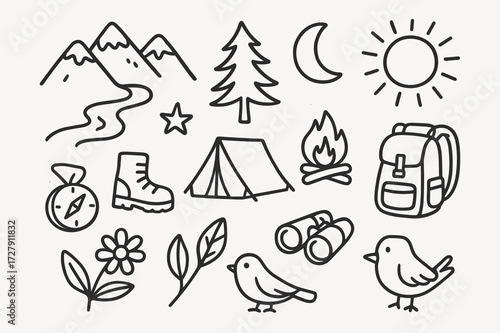 Mountain Adventure Doodles. Hand-drawn doodle illustration mountain retreat mountain, tree, river, tent, campfire, star, moon, sun, boots, compass, backpack,