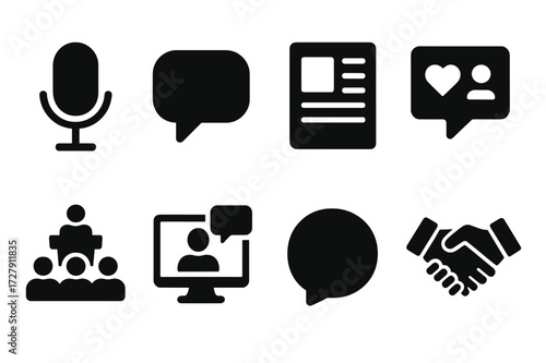 Lobbying Icon Set. Solid, filled icon set of lobbying communication: microphone, speech bubble, newsletter, social media, press conference, video call, chat