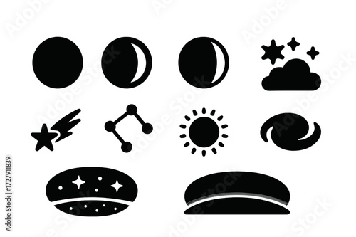 Night Sky Icons. Solid, filled icon set of night sky elements: moon phases, shooting star, constellation, eclipse, night cloud, dark sky, horizon glow, galaxy