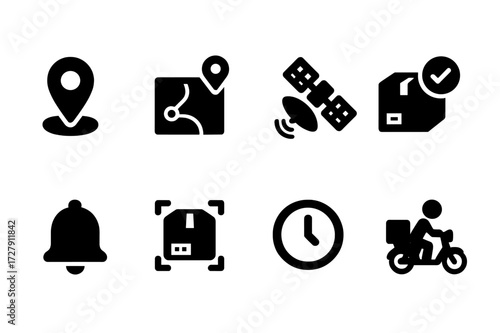 Package Tracking Icons. Solid, filled icon set of package tracking: GPS pin, route map, satellite, delivery status, notification bell, package scan, clock