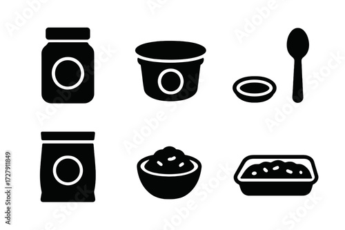 Bean Dip Icons. Solid, filled icon set of bean dip packaging: jar, container, label, lid, spoon, sealed bag, bowl, serving tray. [Line icons in only black