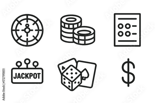 Casino Icon Set. Outline icon set of casino stakes: roulette wheel, chips stack, cash pile, bet slip, jackpot, dice, playing cards, dollar sign. Line icons in