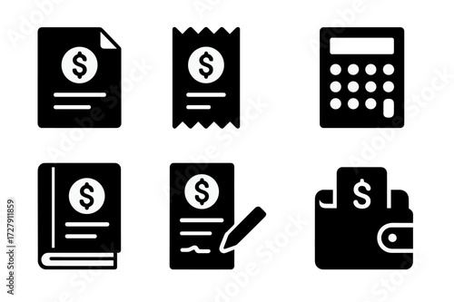 Financial Icons Grid. Solid, filled icon set of bill documents and tools: invoice, receipt, payment slip, calculator, ledger, bank statement, checkbook,