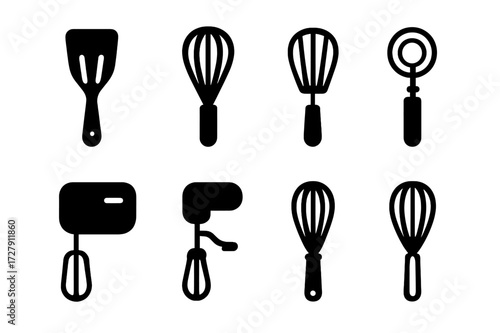 Whisk Types Icons. Solid, filled icon set of whisk types: oak whisk, balloon whisk, flat whisk, coil whisk, electric whisk, hand whisk, silicone whisk, metal
