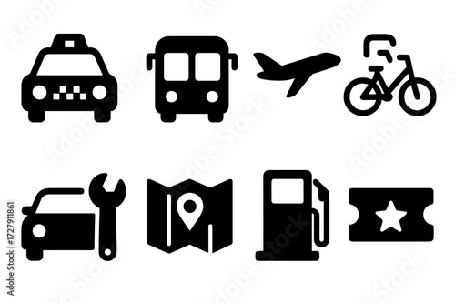 Transport Services Icons. Solid, filled icon set of transportation services: taxi, bus, airplane, bike rental, car repair, map, fuel station, ticket. [Line