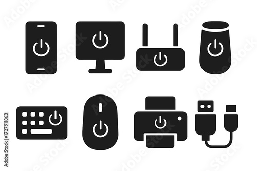 Device Power Off Icons. Solid, filled icon set of device power off: smartphone off, monitor off, router off, smart speaker off, keyboard power off, mouse off,