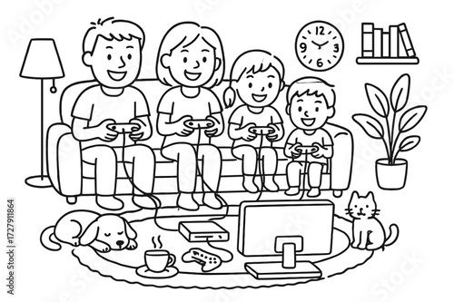 Family Gaming Fun. Hand-drawn doodle illustration [Family playing video games] [TV, game console, controller, sofa, rug, family members, cat, dog, cup, plate,