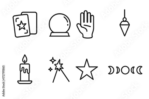 Fortune Telling Icons. Outline icon set of fortune telling: tarot cards, crystal ball, palmistry hand, pendulum, candle, magic wand, star, moon phases. Line