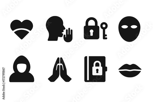 Secret Feelings Icons. Solid, filled icon set of secret feelings: hidden heart, whisper, lock and key, masked face, shadowed figure, folded hands, diary with