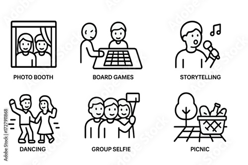 Reunion Activity Icons. Outline icon set of reunion activities: photo booth, board games, storytelling, karaoke, dancing, group selfie, toast, picnic. Line