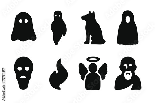Spirit World Icons. Solid, filled icon set of spirit world entities: ghost, apparition, spirit animal, shadow figure, ethereal face, wisp, guardian spirit,