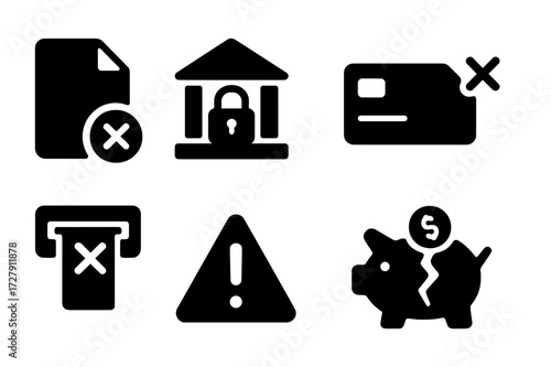Denied Finance Icons. Solid, filled icon set of denied finance request: canceled document, no approval sign, locked bank, red cross card, rejected handshake,