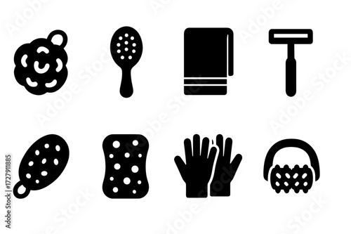 Body Care Icons. Solid, filled icon set of body care tools: loofah, body brush, towel, razor, pumice stone, sponge, gloves, massage roller. Solid, filled icons