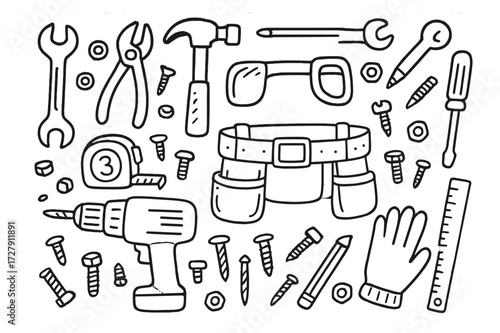 Mechanical Tool Doodles. Hand-drawn doodle illustration mechanical tool belt wrench, pliers, hammer, screwdriver, tape measure, drill, nuts, bolts, screws,