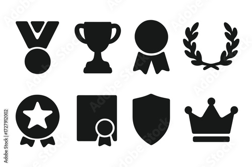 Honor Symbols Icons. Solid, filled icon set of honor symbols: medal, trophy, ribbon, laurel wreath, star badge, certificate, shield, crown. Solid, filled icons