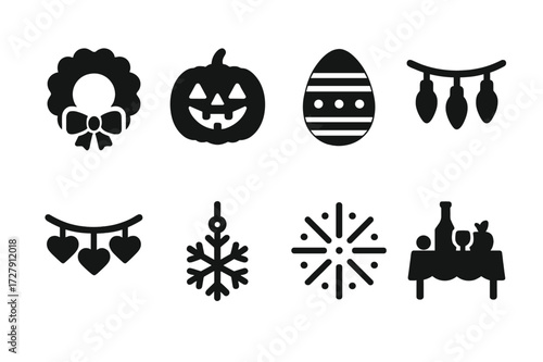 Holiday Decor Icons. Solid, filled icon set of holiday decor: Christmas wreath, pumpkin lantern, Easter egg, holiday lights, heart garland, snowflake ornament,