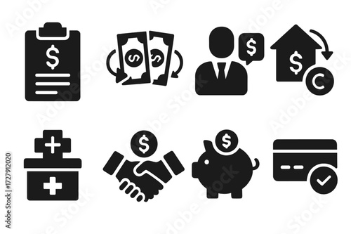 Financial Solutions Icons. Solid, filled icon set of financial trouble solutions: budgeting, debt consolidation, financial counseling, loan refinancing,