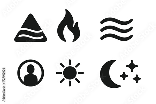 Shamanic Element Icons. Solid, filled icon set of shamanic elements: earth, fire, water, air, spirit, sun, moon, stars. Solid, filled icons in only black