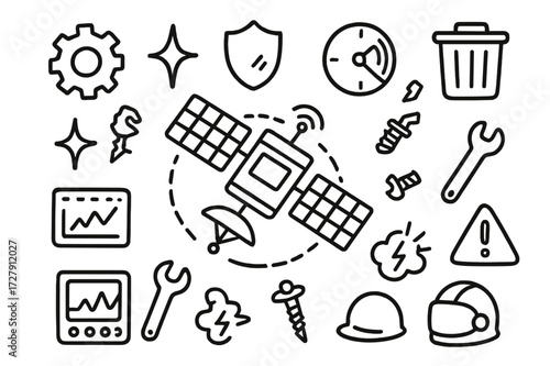 Orbital Management Icons. Hand-drawn doodle illustration orbital environment management satellite, gear, spark, shield icon, radar view, trash icon, panel,