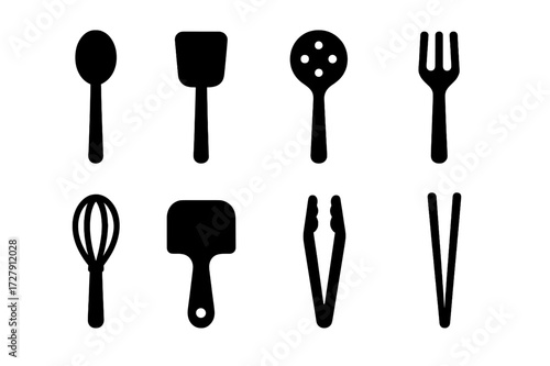 Utensil Icon Grid. Solid, filled icon set of stirring utensils shapes: round spoon, flat spatula, slotted spoon, fork whisk, balloon whisk, dough scraper,