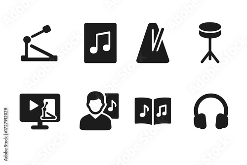 Drum Education Icons. Solid, filled icon set of kick pedal education: drum lesson, sheet music, metronome, practice pad, video tutorial, instructor, music